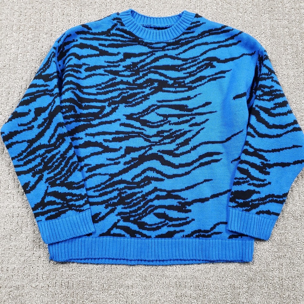ASOS Design Sweater Women 0 Petite Blue Zebra Animal Print Crewneck Pullover